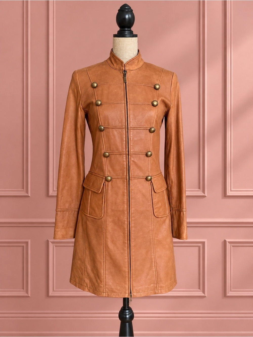 Y2K Tan Faux Leather Military-Style Coat